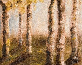 Pintura al óleo original en miniatura de abedules en un marco de estilo vintage