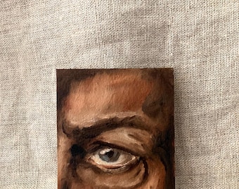 オリジナルのミニチュア油絵「男の目」、2.5インチ x 3.5インチ、フレームなし