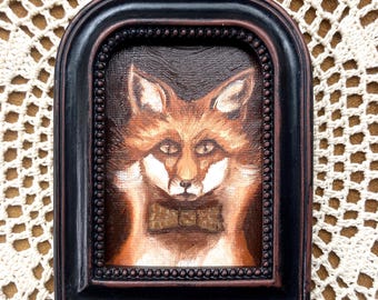 Pintura al óleo original en miniatura de un zorro con pajarita a cuadros en un marco gótico de estilo vintage, 2,5" x 3,5"