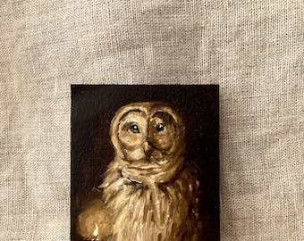 Pintura al óleo original en miniatura de un búho a la luz de las velas, 2,5" x 3,5" SIN MARCO