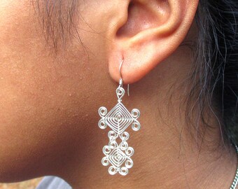 Hand Woven Sterling Silver Wire Earrings- Scroll Double Drop Ojos Earrings