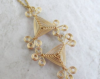 Hand Woven 14kt Wire Pendant- Filigree Scroll Double Triangle Ojos Pendant