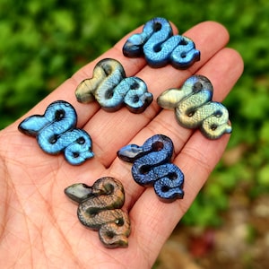 May include: A selection of small, carved snake figurines in shades of blue, green, and brown. The serpentine figures are displayed on a hand, with a blurred green backdrop.