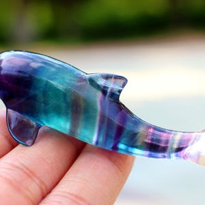 Peut inclure: Une figurine de dauphin sculptée en fluorite irisée. Le dauphin est de couleur bleu clair, vert et violet avec une nageoire caudale blanche.