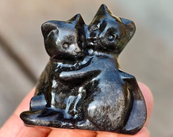 2" Natural Silver Obsidian Carved Cat, Quartz Crystal Cat Carving, cat statue,Reiki Healing Decor,Silver Obsidian Cat 1PC