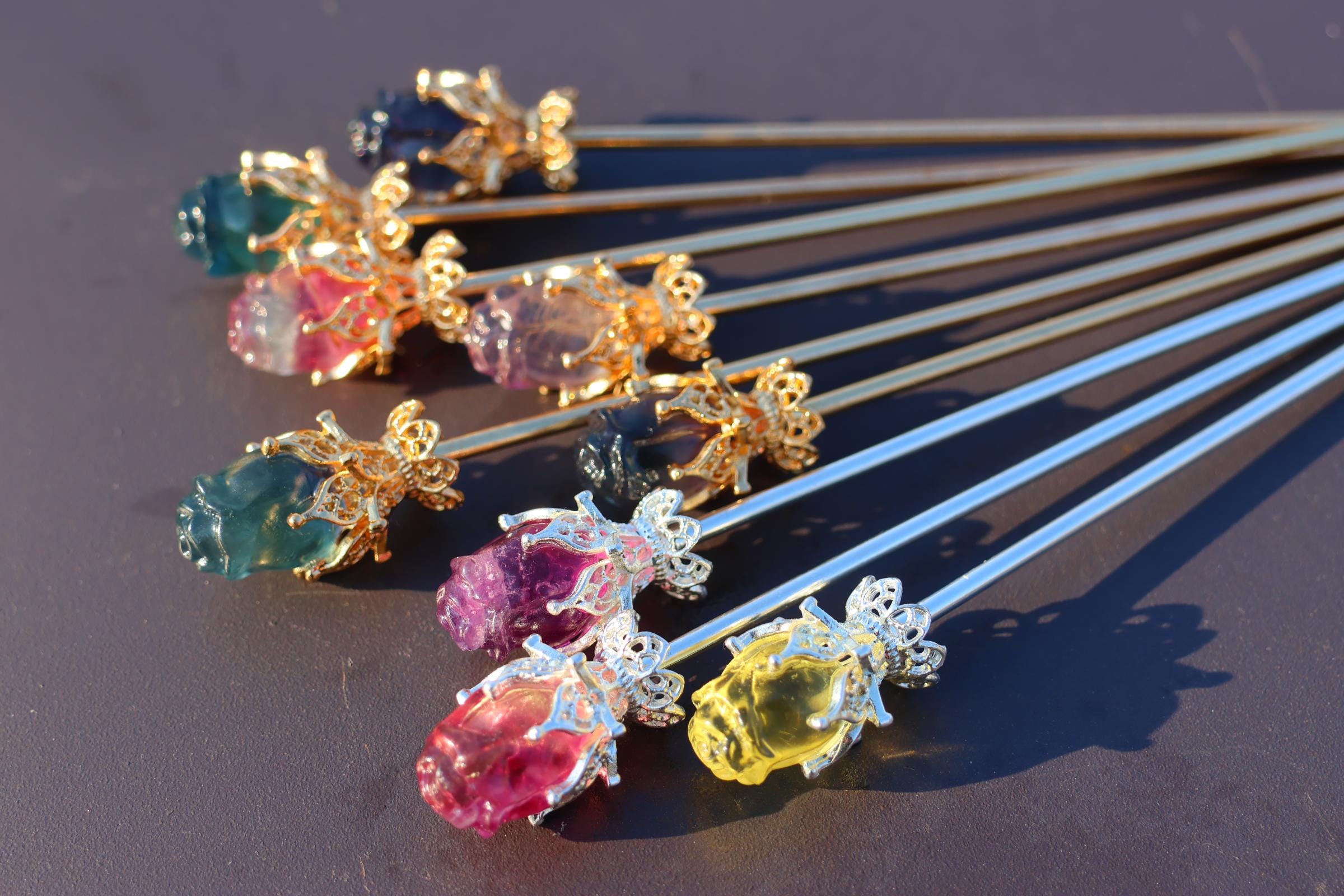 6inches Natural Rainbow Fluorite Carved Flower Hairpin, Crystal