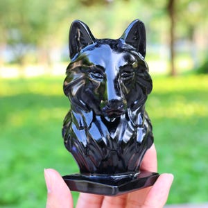 Può includere: Una scultura di lupo nera lucida con dettagli di pelliccia. La testa del lupo è eretta, con orecchie a punta e uno sguardo concentrato. La scultura poggia su una base rettangolare, riflettendo la luce. Lo sfondo è verde sfocato.