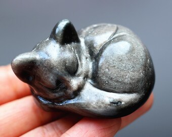 2.2" Natural Silver Obsidian Carved Sleep Cat, Quartz Crystal Cat Carving, Sleep cat statue,Reiki Healing Decor,Silver Obsidian Cat 1PC