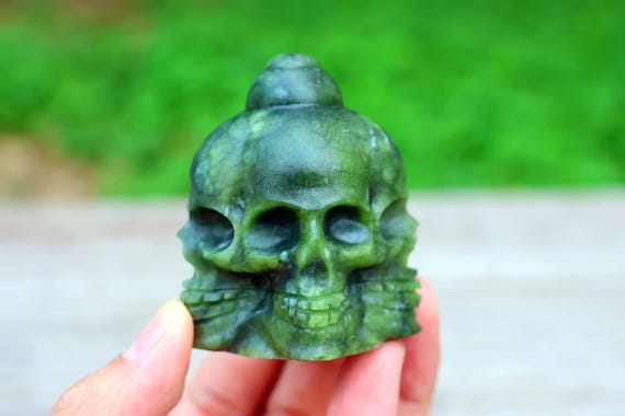 2.4inches Natural Green Jade Carved Skull, Quartz Crystal Carving