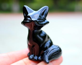 Zorro tallado en obsidiana natural de 2,4 pulgadas, tallado en cristal de cuarzo, estatua de zorro