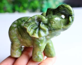 3.8" Natural Jade Elephant Carving, Hand Carved Crystal Elephant Figurine, Healing Stone Elephant Statue, Feng Shui Home Decor, Luck Crystal