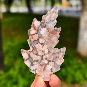3inches natural sakura agate carved Leaf, quartz crystal carving, leaf statue