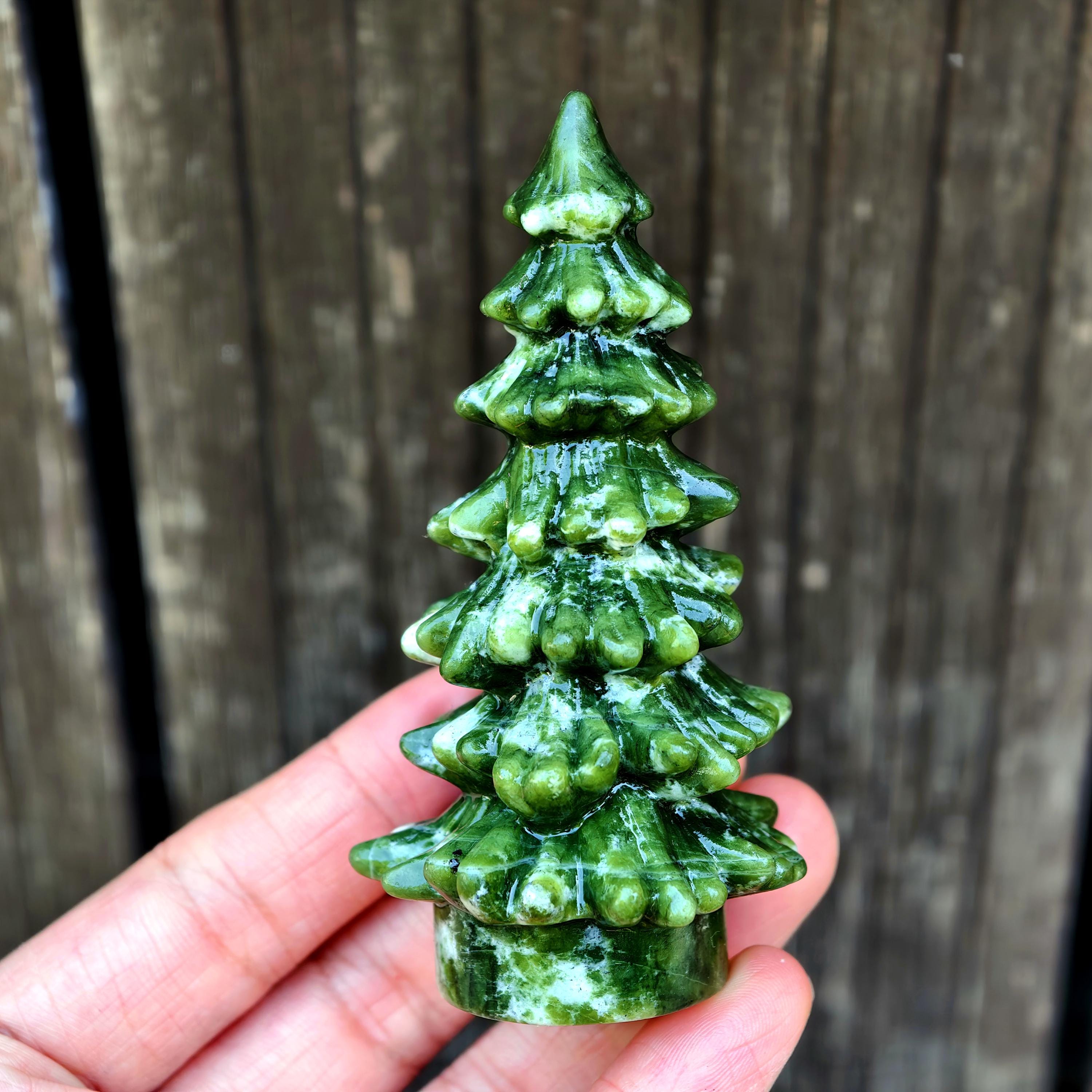 3.6inches Natural Green Jade Carved Christmas Tree, Quartz Crystal
