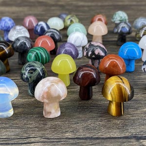 May include: A collection of small, mushroom-shaped figurines in various colors and patterns. The figurines are made of polished gemstones, including blue, green, brown, and white. The collection is displayed on a wooden surface.