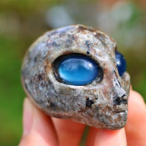 May include: A small, grey, stone sculpture of an alien head with blue eyes. The sculpture is detailed with a textured surface.