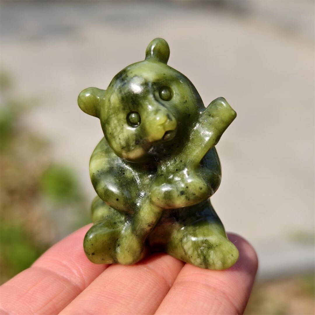 Green Jade Panda Carving, Natural Crystal Panda, Panda Decor