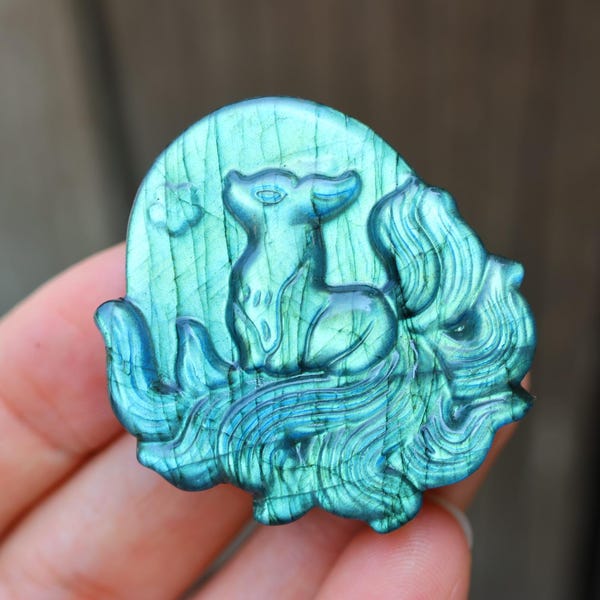 1,6 polegadas labradorita natural esculpida Ninetales, escultura em cristal de quartzo, estátua Ninetales