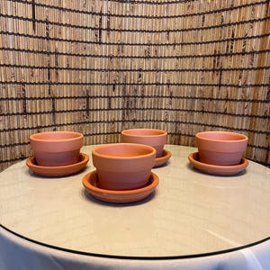 May include: Four terracotta plant pots with saucers on a glass table top. The pots are all the same size and shape, and they are arranged in a circle.