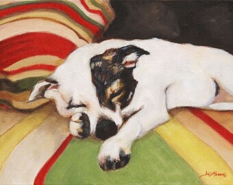 May include: Oil painting of a sleeping dog with white fur and black and brown markings. The dog is lying on a striped pillow with red, green, yellow, and white stripes. The artwork is signed in the bottom right corner.