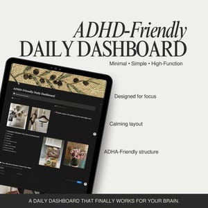 Peut inclure: Une tablette noire affiche un tableau de bord quotidien adapté aux personnes atteintes de TDAH. L'écran présente un design minimal, simple et très fonctionnel avec une mise en page apaisante. Le texte comprend "Conçu pour la concentration" et "Structure adaptée aux personnes atteintes de TDAH."