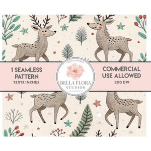 Reindeer Seamless Pattern, Christmas Digital Paper, 12x12 Download, Holiday Design, Winter Animal Pattern, Festive Fabric Design, PNG