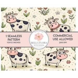 Cute Cow Seamless Pattern Digital, Farm Animal, 12x12 Inch, Kids Nursery Decor, Fabric Design, Scrapbooking Paper, Commercial Use, PNG