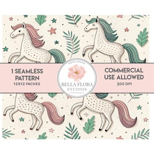 Horse Seamless Pattern, 12x12 Digital Download, Pink Blue Horses, Star Leaf Background, Fabric Design, Kids Room Decor, PNG