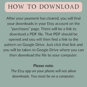 K&ouml;nnte beinhalten: Text auf einem hellgr&uuml;nen Hintergrund mit dem Titel "SO LADEN SIE HERUNTER". Der Text erkl&auml;rt, wie Sie ein digitales Produkt herunterladen, das Sie auf Etsy gekauft haben. Er besagt, dass der Download nach erfolgter Zahlung in Ihrem Etsy-Konto auf der Seite "K&auml;ufe" verf&uuml;gbar ist. Der Text erkl&auml;rt auch, dass der Download auf Google Drive verf&uuml;gbar sein wird.