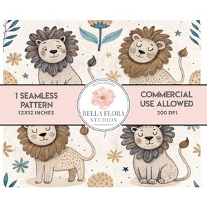 Cute Lion Seamless Pattern, 12x12 Digital Paper, Nursery Decor, Kids Fabric Design, Scrapbooking, Digital Download, PNG