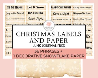 Druckbare antike Weihnachtsphrasen | Vintage Urlaub Ephemera für Scrapbooking & Junk Journals | Schneeflocken Papier | Digitaler Download