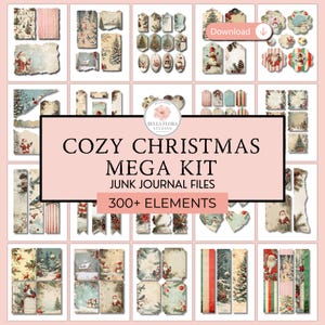 Kit di diario natalizio accogliente, effimeri natalizi vintage shabby, collezione di diari d'arte, Natale tagliato e collage, scrapbooking di carta