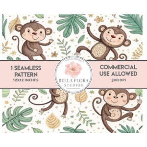 May include: A seamless pattern featuring cute cartoon monkeys with brown fur and green leaves on a white background. The pattern is 12 inches by 12 inches and is 300 DPI. The text "1 Seamless Pattern 12x12 inches" and "Commercial Use Allowed 300 DPI" is included in the image.