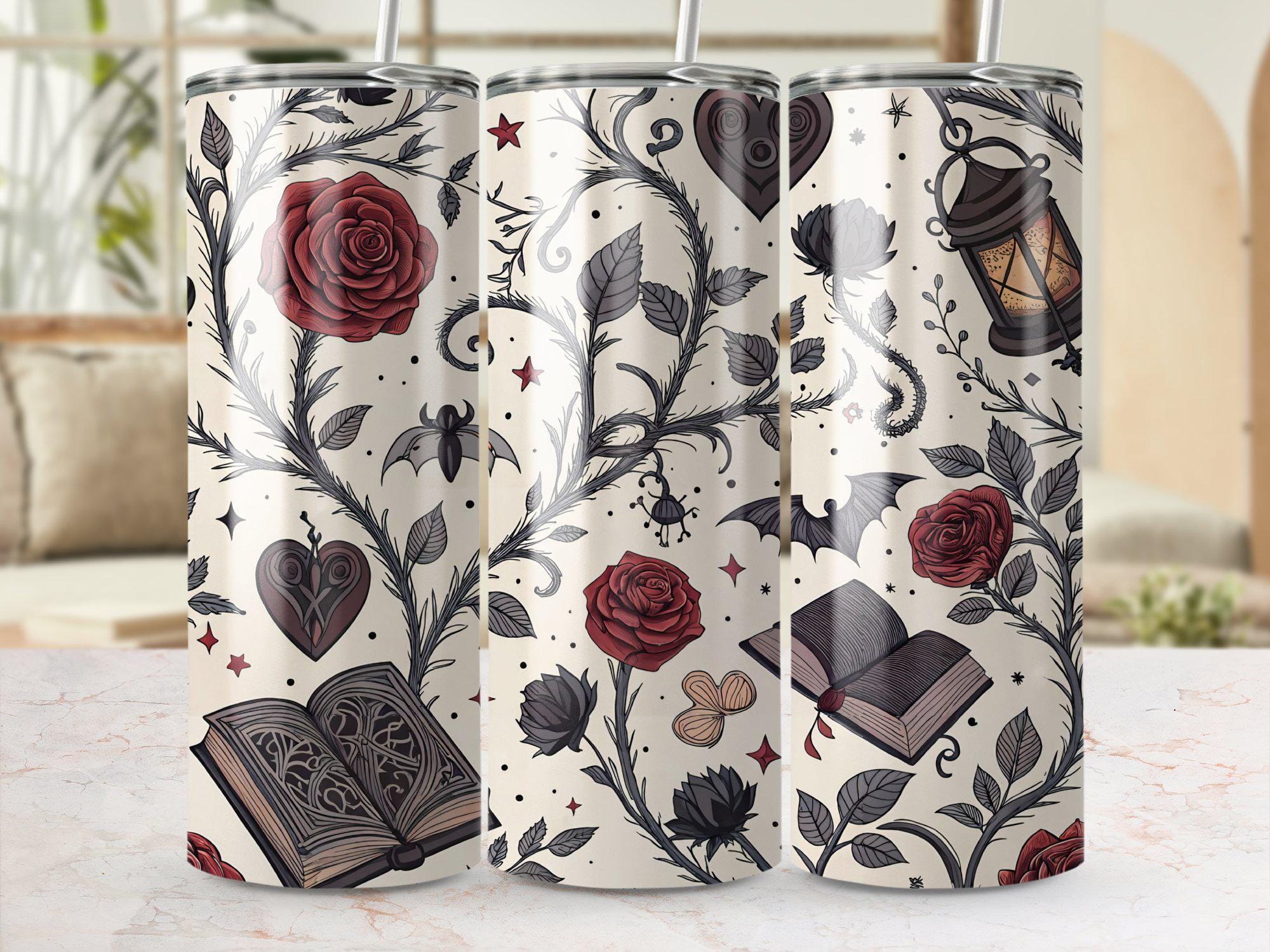 Gothic Dark Romance Tumbler Wrap PNG, vintage romanontwerp, roos- en boekpatroon, vleermuis- en lantaarnkunst, aanpasbaar afdrukbaar