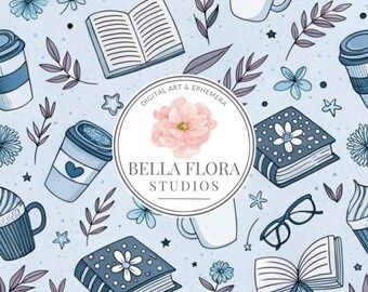 Blauwe koffie en boeken, naadloos herhalend patroonbestand voor stofsublimatie, bekers, behang, kleding, dekens, commercieel gebruik