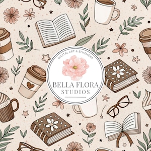 Café beige y libros, archivo de patrón repetitivo sin costuras para sublimación de tela, vasos, papel tapiz, ropa, mantas, uso comercial