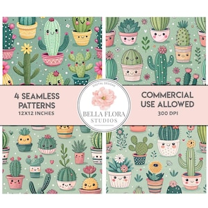 Puede incluir: Cuatro patrones sin costuras con cactus de dibujos animados en macetas con caras sonrientes y flores sobre un fondo verde claro. Los patrones miden 30,48 x 30,48 cm. La imagen también incluye el texto "COMMERCIAL USE ALLOWED 300 DPI".