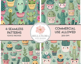 4 Kawaii Cactus Seamless Pattern Digital Files, Cute Succulents Clipart, Commercial Use Designs, 12x12 inch Printable Patterns 300 DPI