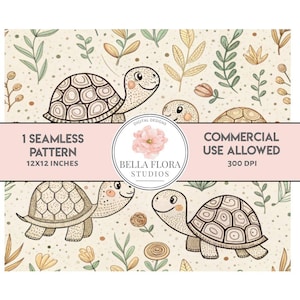 Puede incluir: Un patrón sin costuras con lindas tortugas de dibujos animados con caparazones marrones y hojas verdes sobre un fondo beige. El patrón es de 12x12 pulgadas y 300 DPI. El texto "1 Seamless Pattern 12x12 inches" y "Commercial Use Allowed 300 DPI" está incluido en la imagen.