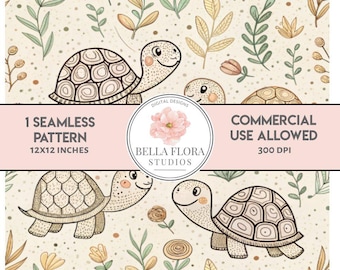 Turtle Seamless Pattern, Digital Download, 12x12 inch, Kids Fabric Design, Nursery Decor, Scrapbooking Paper, Cute Animal Print, PNG