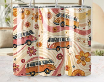 Psychedelische retro bestelwagen wrap beker png, vintage bestelwagen bloemen beker wrap ontwerp, 20oz beker wrap, hippie bestelwagen wrap, groovy bekerkunst