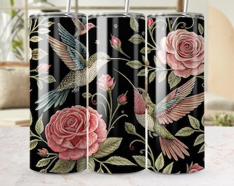 Tumbler wrap kolibrie en roos, png, cottagecore-borduurlook, digitale download, sublimatie beker, 20 oz mager, recht en taps toelopend