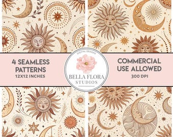 Naadloze zon en maan patronen, digitale papierset, Boho Celestial Design, commercieel gebruik, astrologiethema, mystieke textuur