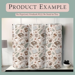 K&ouml;nnte beinhalten: Drei Edelstahlbecher mit wei&szlig;em Hintergrund und einem sich wiederholenden Muster aus B&uuml;chern, Kaffeetassen und Bl&auml;ttern. Das Muster ist in Braun-, Beige- und Schwarzt&ouml;nen gehalten.