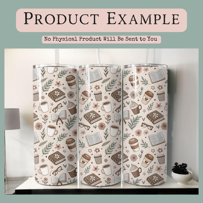 K&ouml;nnte beinhalten: Drei Edelstahlbecher mit wei&szlig;em Hintergrund und einem sich wiederholenden Muster aus B&uuml;chern, Kaffeetassen und Bl&auml;ttern. Das Muster ist in Braun-, Beige- und Schwarzt&ouml;nen gehalten.