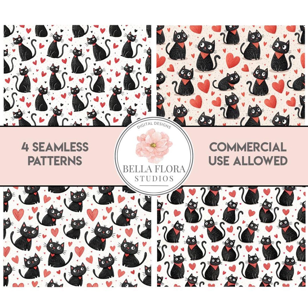 Black Cat Seamless Pattern, Digital Paper Pack, Valentine Cats Fabric ...