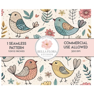 May include: A seamless pattern featuring colourful birds and flowers on a cream background. The pattern is 12 inches by 12 inches and is 300 DPI. The text "1 Seamless Pattern 12x12 Inches" and "Commercial Use Allowed 300 DPI" is included in the image.