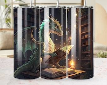 Leesgrage Dragon Tumbler Wrap PNG-bestand, rechte en taps toelopende versies, magisch boek Dragon-ontwerp, digitale download