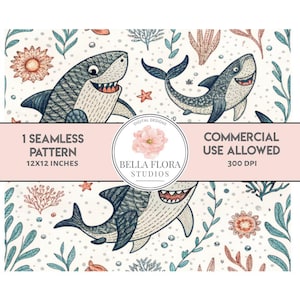 Cute Shark Seamless Pattern, 12x12 Digital Download, Undersea Kids Fabric Design, Sea Animal Paper, Repeat Pattern, Nursery Art, PNG