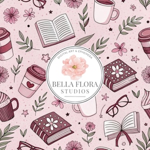 Könnte beinhalten: Ein nahtloses Muster in Rosa und Weiß mit Büchern, Kaffeetassen, Brillen und Blumen. Das Muster enthält den Text "Digital Art & Ephemera Bella Flora Studios".