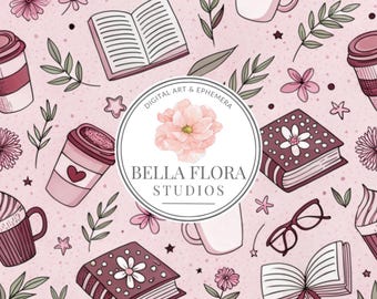 Roze koffie en boeken, naadloos herhalend patroonbestand voor stofsublimatie, bekers, behang, kleding, dekens, commercieel gebruik